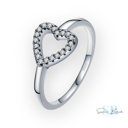 Hollow Heart Diamond Sterling Silver Ring