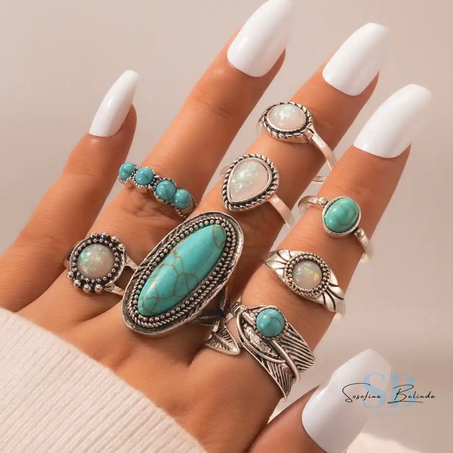 Southwest Teardrop Turquoise and Moonstone Silver Boho Ring Set