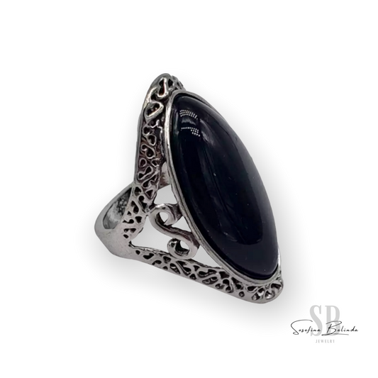 Vintage Bohemian Black and Silver Statement Ring